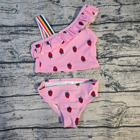 Hanna Andersson Pink Strawberry Ruffle Tankini Swim Suit Size 85 2T - Picture 1 of 6